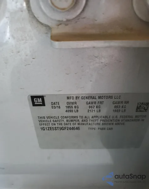 2016 Chevrolet Malibu Lt из США, поврежденный, VIN 1G1ZE5ST9GF244646